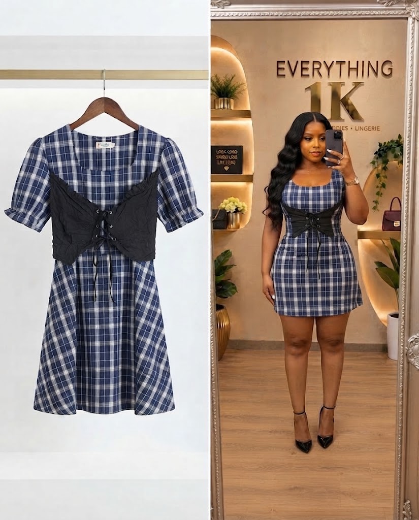 Blue Plaid Mini Dress with Black Lace Corset Overlay