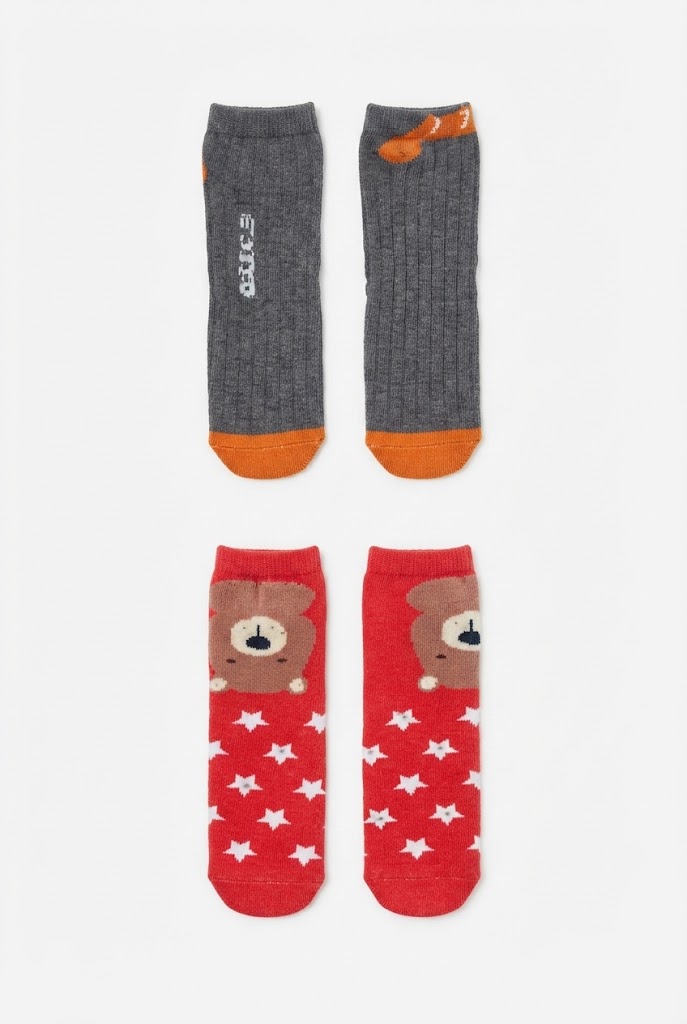 Kids Bear Graphic and Ribbed Grey Socks (2-Pack)