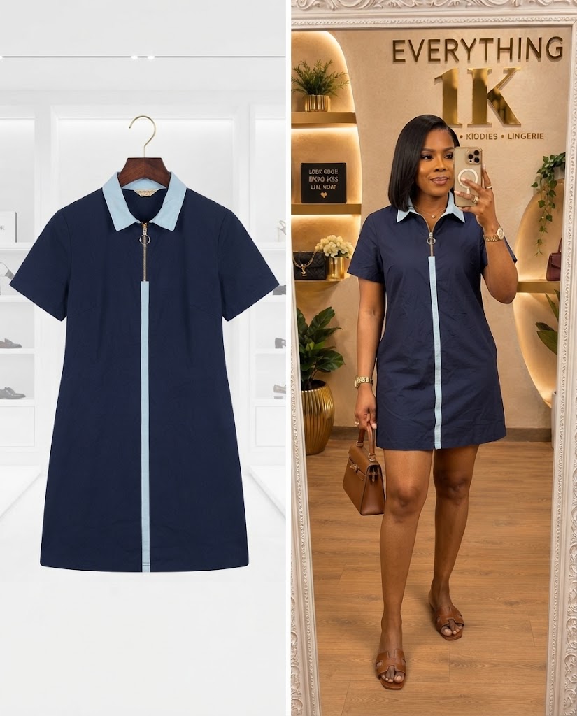 Navy Blue Contrast Collar Zip Dress