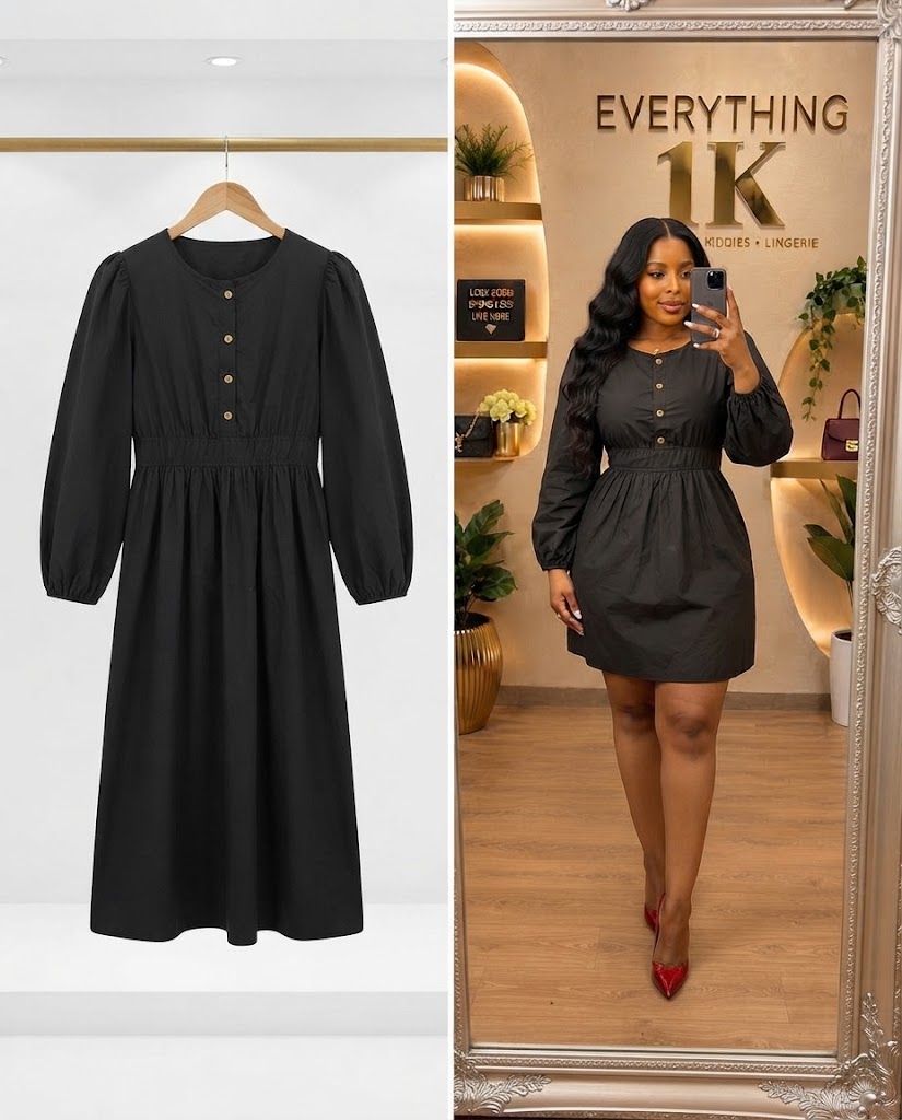 Black Long-Sleeve Button-Front Midi Dress