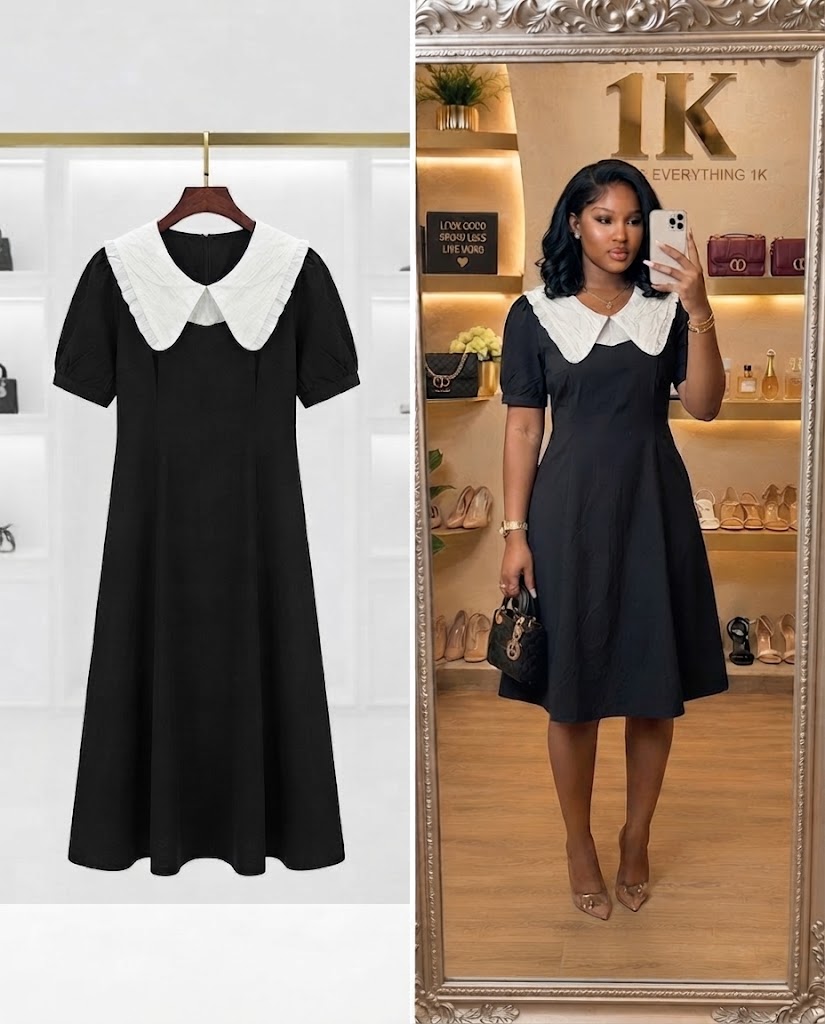 Black Mini Dress with chiffon cream Peter Pan Collar