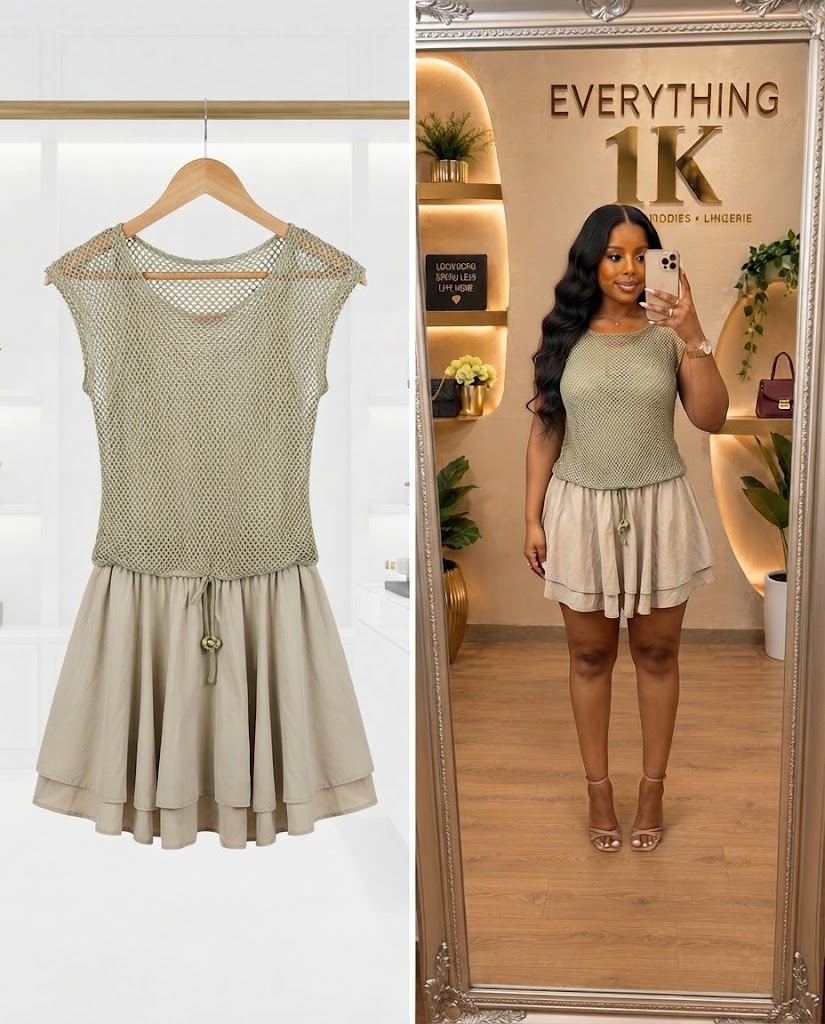 Sage Green Mesh Knit Top and Skirt Set