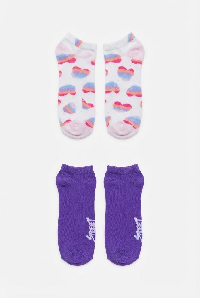 Multi-Color Striped Heart Print and Purple Low-Cut Socks (2-Pack)