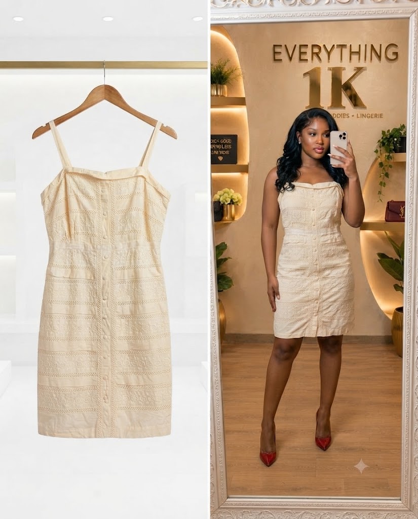 Cream Embroidered Button-Front Strap Dress