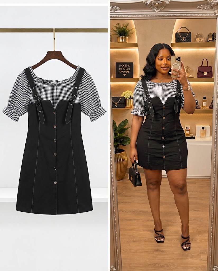 Black Pinafore Mini Dress with Gingham Top