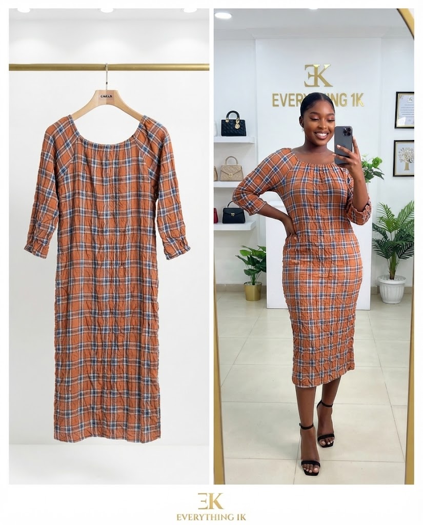 Rust Plaid Gathered Midi Dress