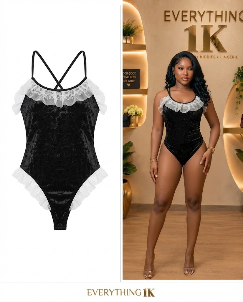 Black Velvet & White Lace Ruffle Bodysuit Lingerie 