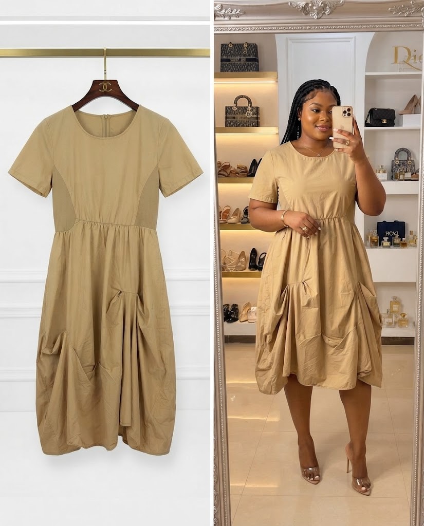Beige Short Sleeve Pocket Midi Dress