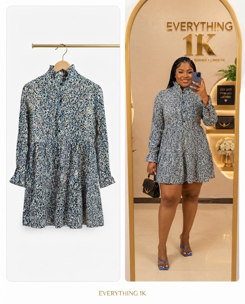Blue Ditsy Floral Ruffle Long-Sleeve Mini party Dress