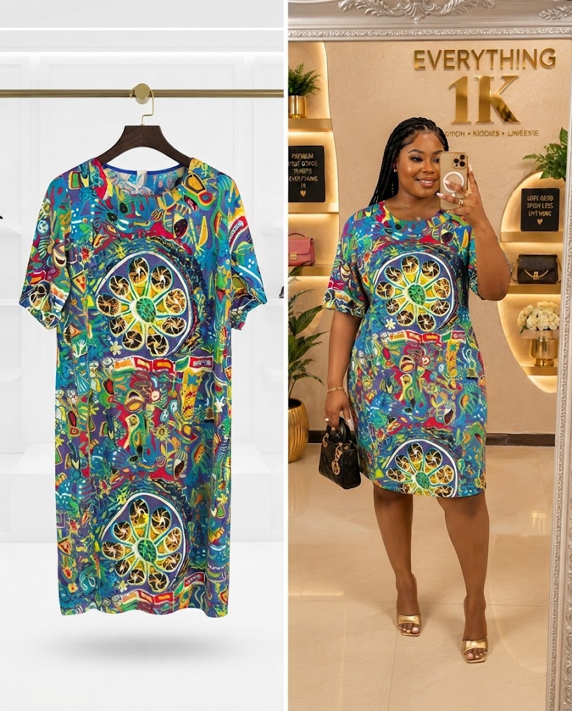 Abstract Art Print Short Sleeve Midi Dress