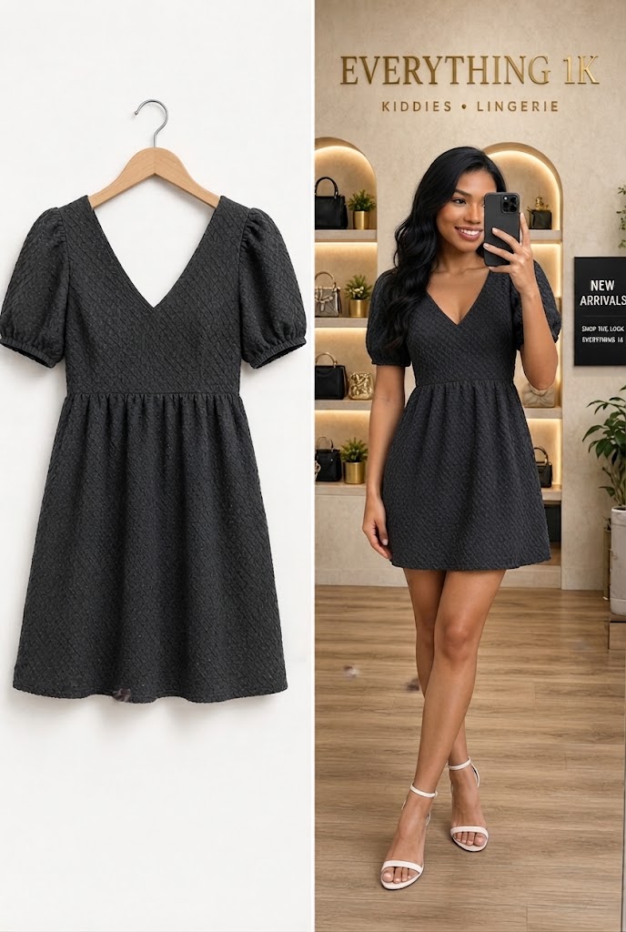 Dark Grey Textured V-Neck Puff Sleeve Dress
