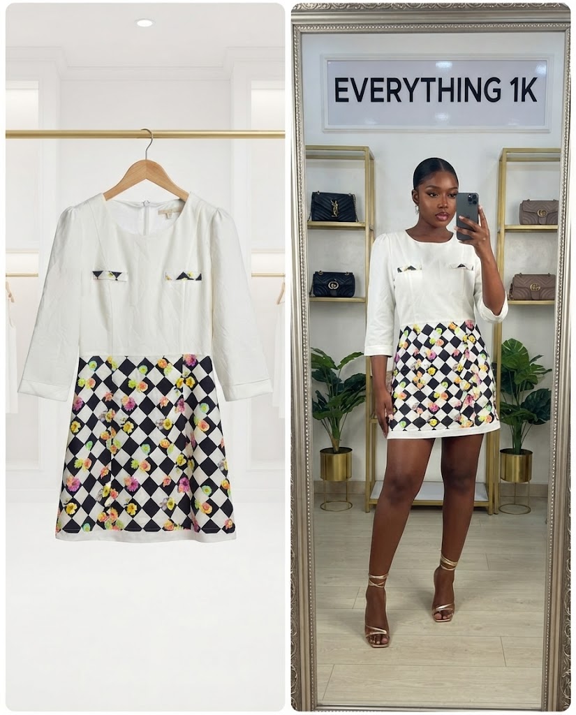 White and Black Checkered Floral Mini Dress