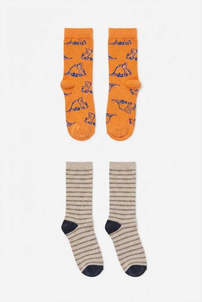 Kids Orange Dinosaur Print and Beige Striped Crew Socks (2-Pack)