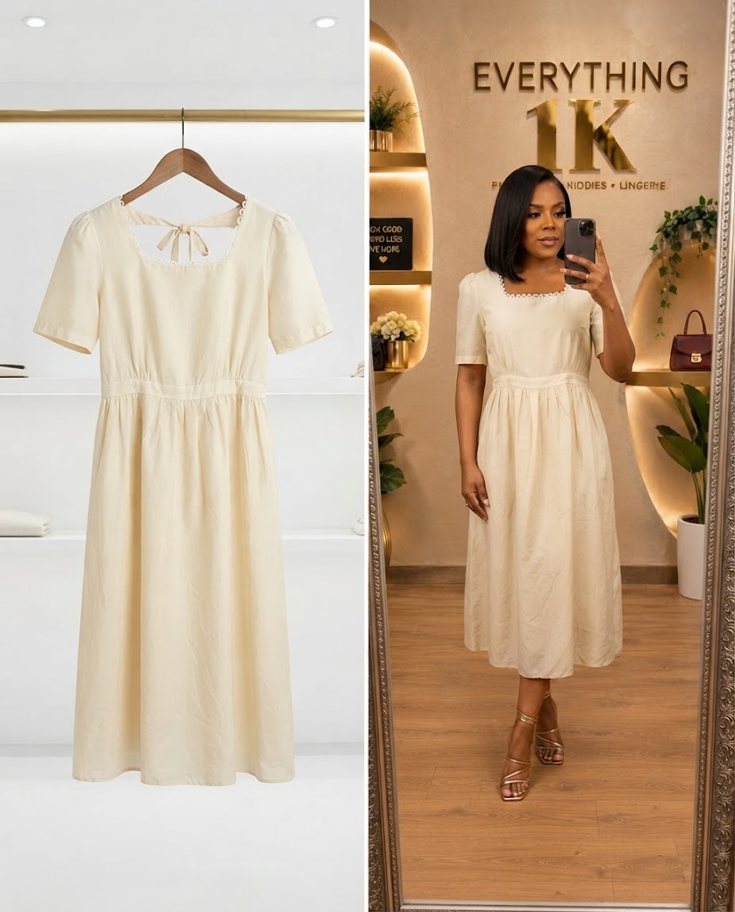 Cream Square-Neck Midi Dress with Back Bow