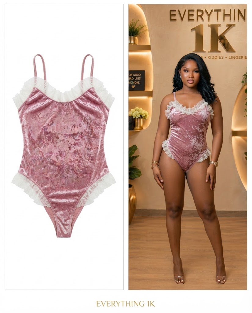 Dusty Pink Velvet & White Lace Ruffle Bodysuit Lingerie 