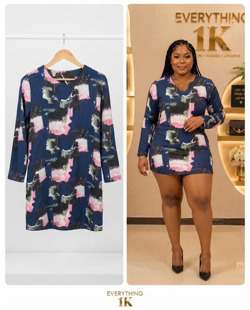 Abstract Print Long-Sleeve Mini Dress