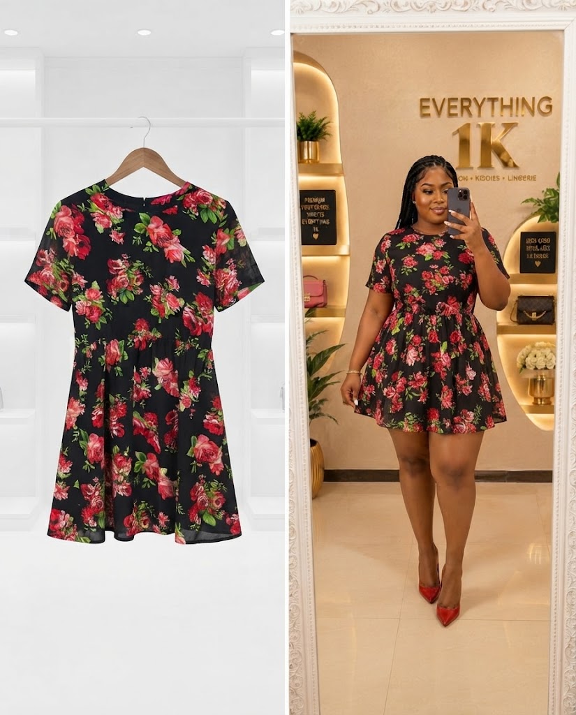 Black Red Floral Short-Sleeve Mini Dress