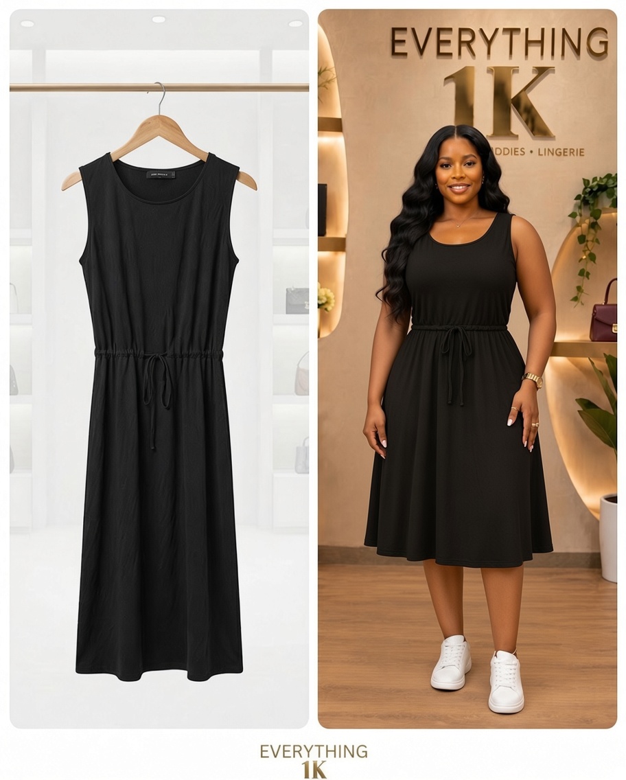 Black Drawstring Tank Midi Dress