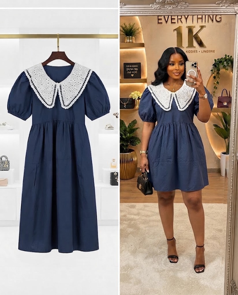 Navy Blue Eyelet Collar Midi Dress