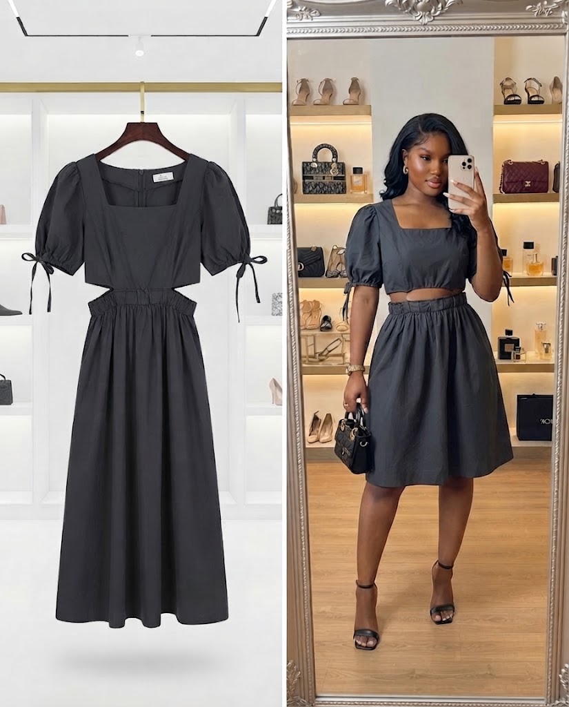 Black Cut-Out Puff Sleeve Dress