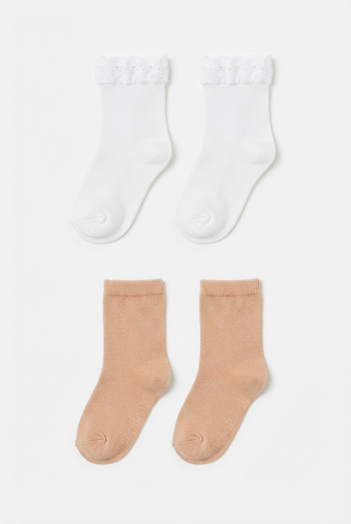 Baby White Lace-Trim and Nude Beige Crew Socks (2-Pack)