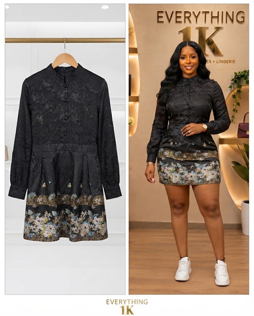 Black Floral Hem Long-Sleeve Mini Dress