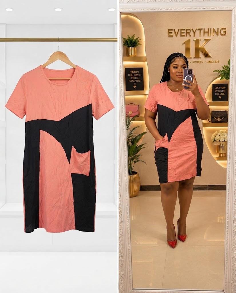 Coral and Black Asymmetric Colorblock Dress