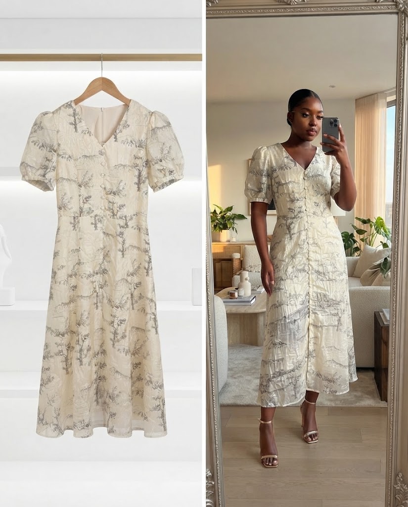 Cream and Gray French Toile Button-Front Midi Dress