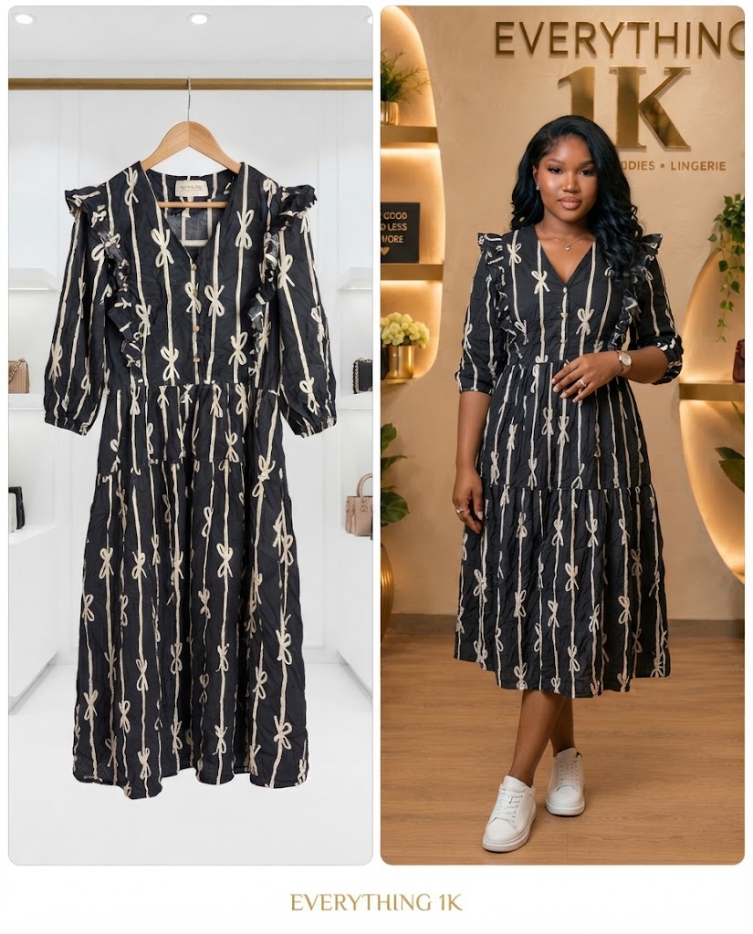 Black Bow-Print Ruffle Midi Dress