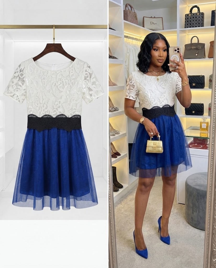 White Lace & Royal Blue Tulle Dress