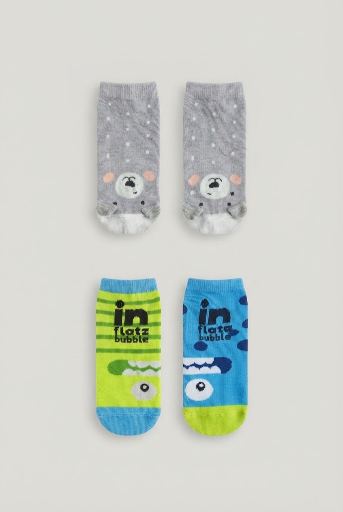 Kids Grey Bear Face and Blue Monster Novelty Ankle Socks (2-Pack)