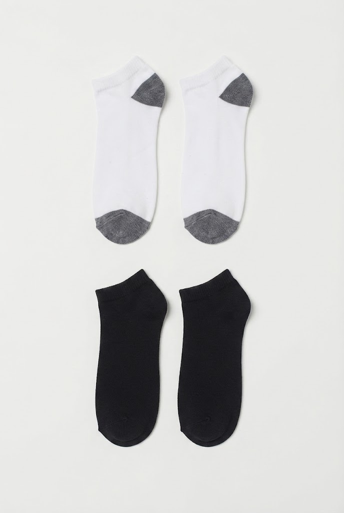 White/Grey Athletic and Solid Black Ankle Socks (2-Pack)