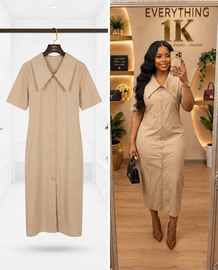 Beige Collared Button-Down Midi Dress