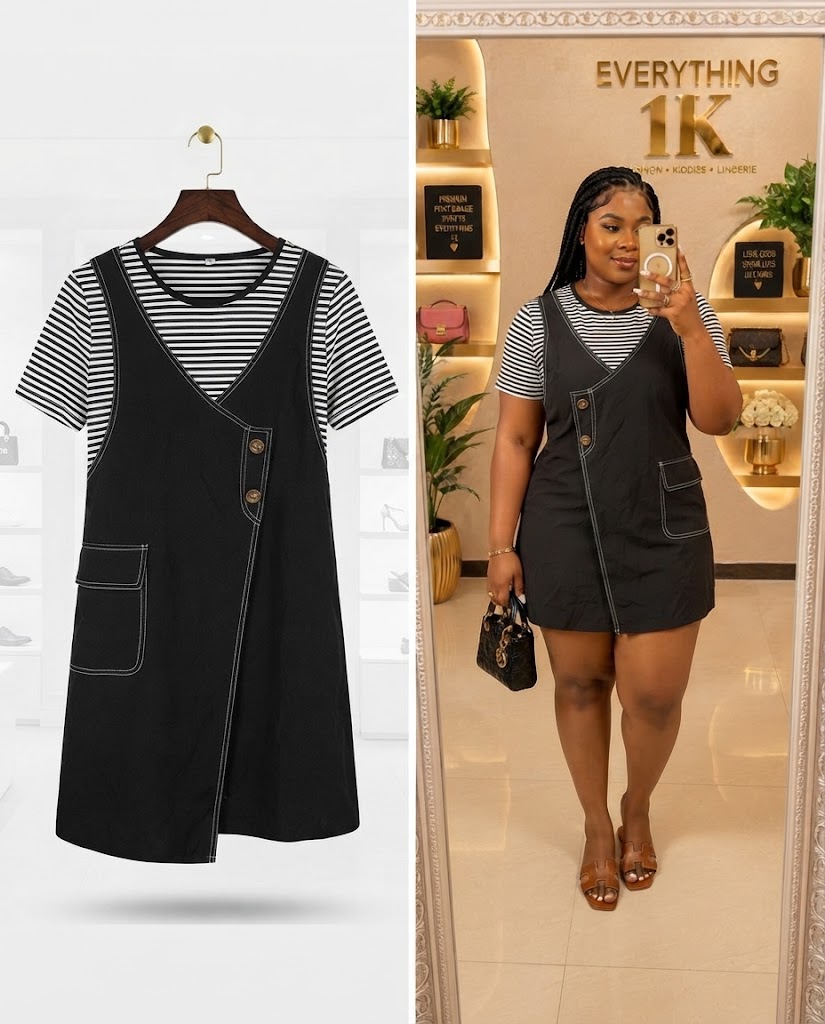 Black Overall Mini Dress with Striped Top