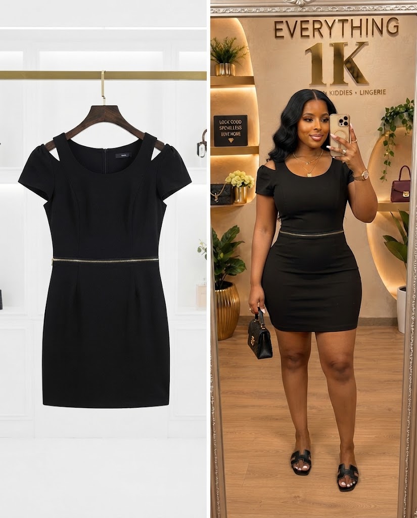 Black Cold Shoulder Mini Dress with Gold Zipper