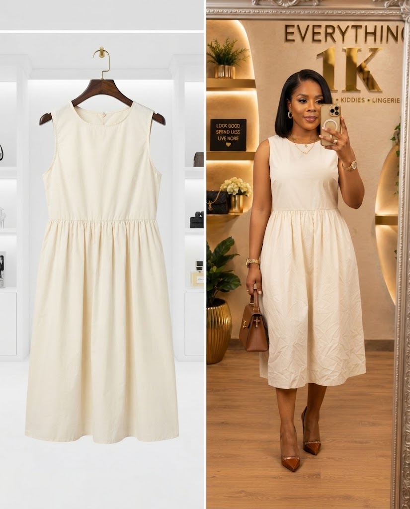 Cream Sleeveless Gathered Midi Dress