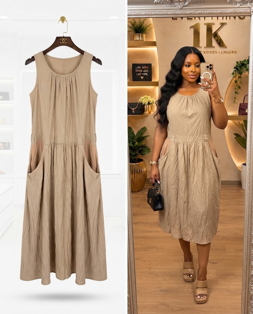 Beige Sleeveless Pocket Midi Dress