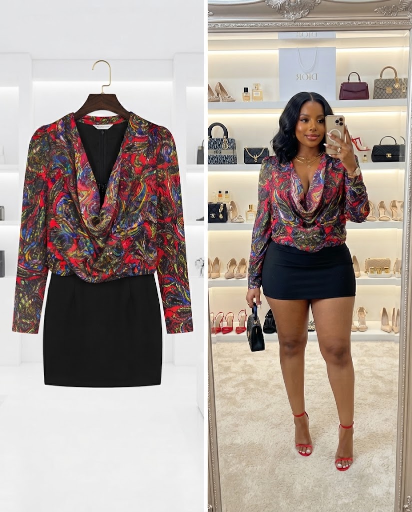 Multicolor Abstract Print Long Sleeve Top & Black Skirt Set
